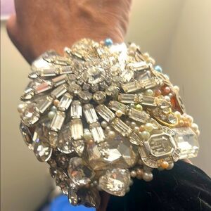 Wendy Gell Elegant Crystal and Pearl Statement Wristie, Signed